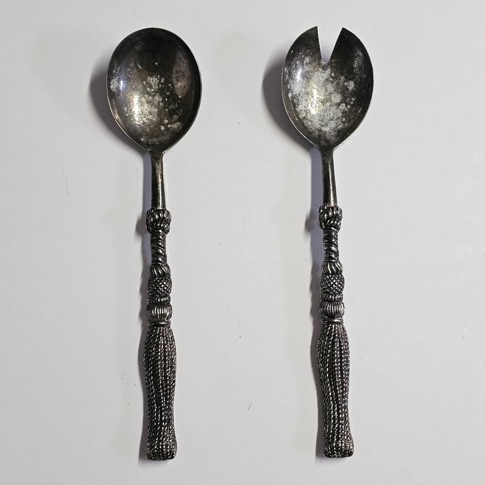 Silea Silver Tone Salad Serving Spoon and Fork Set – Ornate Tassel Handles